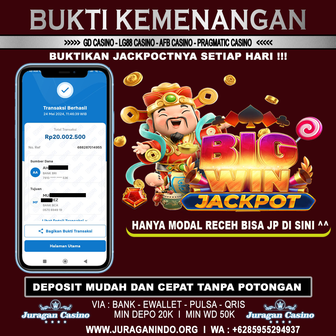 BUKTI KEMENANGAN MEMBER SETIA JURAGAN CASINO TGL 24 MEI 2024