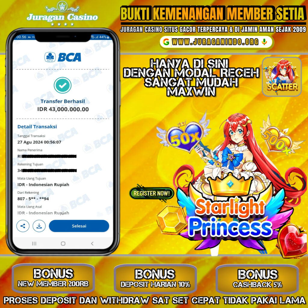 BUKTI KEMENANGAN MEMBER SETIA JURAGAN CASINO TGL 27 Agustus 2024