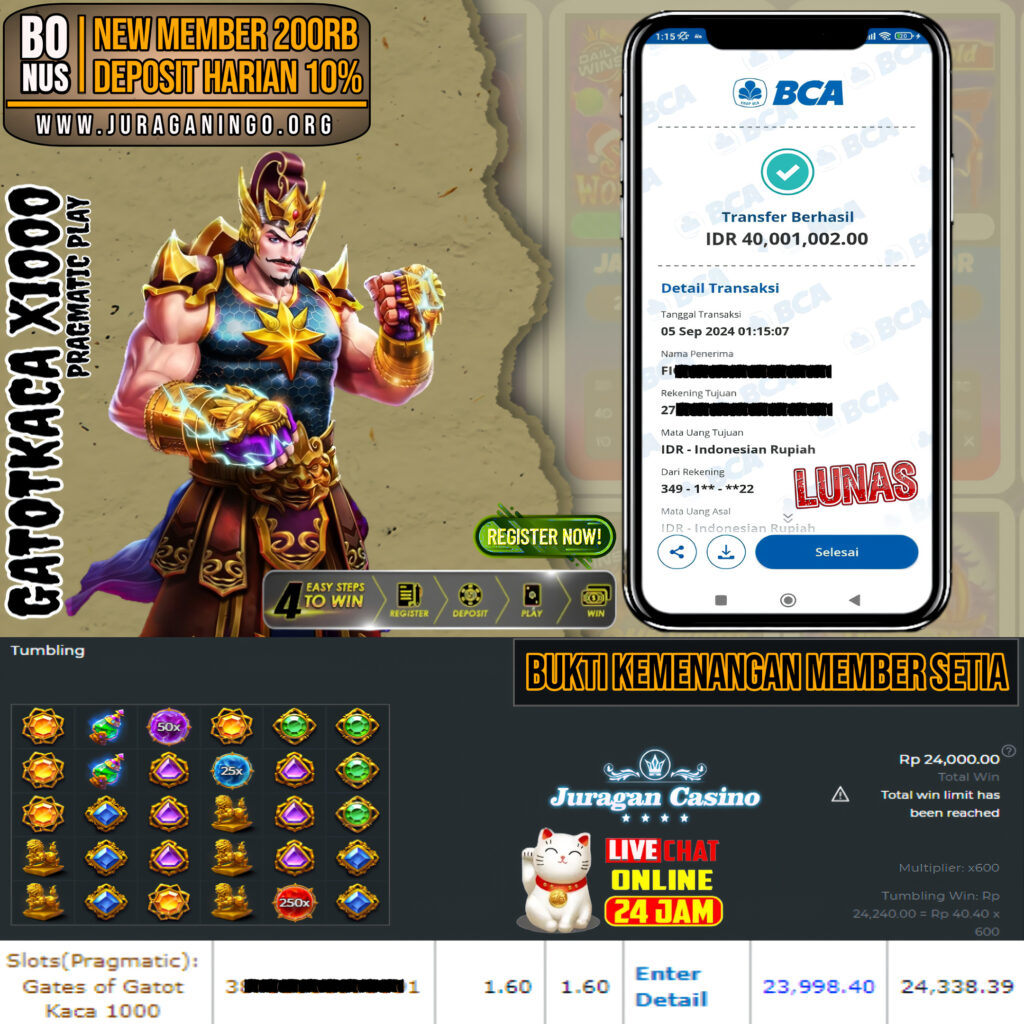 BUKTI KEMENANGAN MEMBER SETIA JURAGAN CASINO TGL 05 September 2024