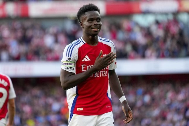 Selebrasi Bukayo Saka pada laga Arsenal vs Southampton di pekan ke-7 Premier League 2024/2025, Sabtu (5/10/2024)