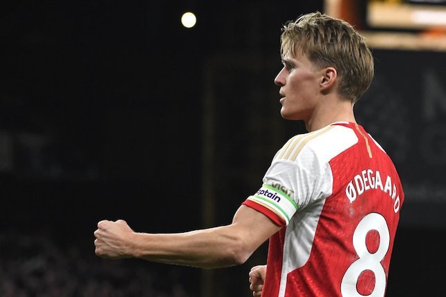 Selebrasi Martin Odegaard dalam laga Wolverhampton vs Arsenal di Premier League 2023/2024, Minggu (21/4/2024) dini hari WIB