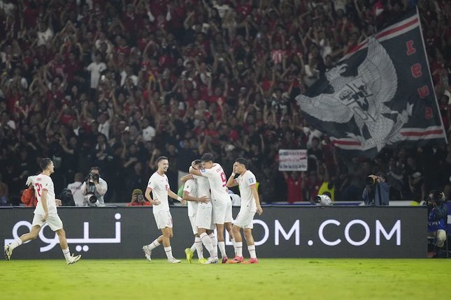 Skuad Timnas Indonesia merayakan gol Marselino Ferdinan ke gawang Arab Saudi di SUGBK, Selasa (19/11/2024).