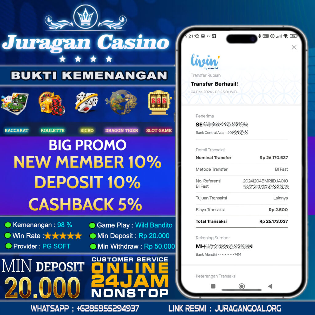 BUKTI KEMENANGAN MEMBER SETIA JURAGAN CASINO TGL 04 DESEMBER 2024